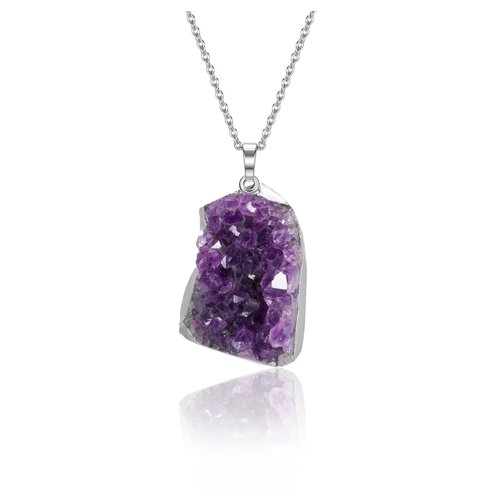 Jovivi amethyst cluster pendant in natural geode form for spiritual balance and style.