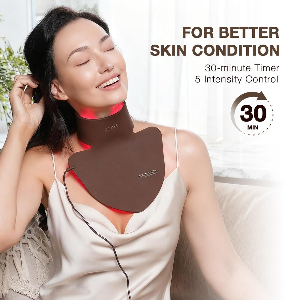 JOVS LED Neck Mask on décolletage area improving skin texture with use.