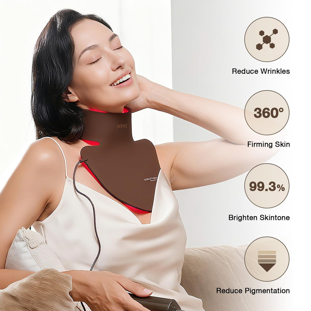 JOVS LED Neck Mask worn on the neck for hands-free light therapy.