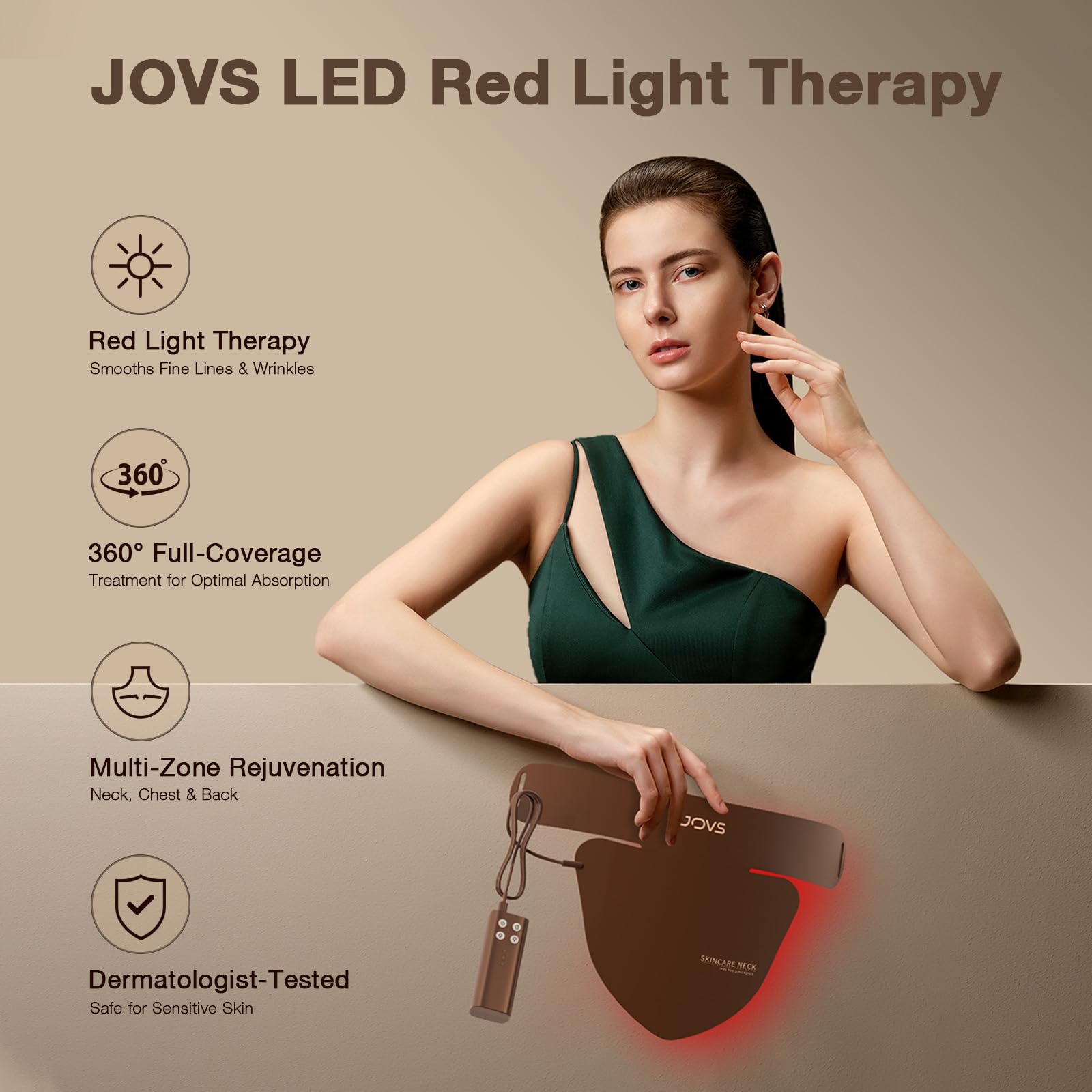 JOVS LED Neck Mask silicone-fit shows comfortable, secure décolletage coverage.