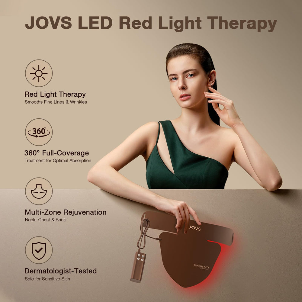 JOVS LED Neck Mask silicone-fit shows comfortable, secure décolletage coverage.