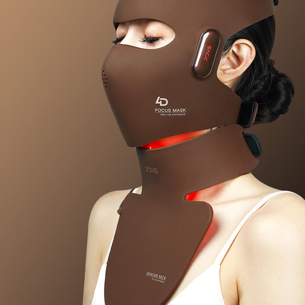 JOVS LED Neck Mask in use on the neck for ongoing light therapy.