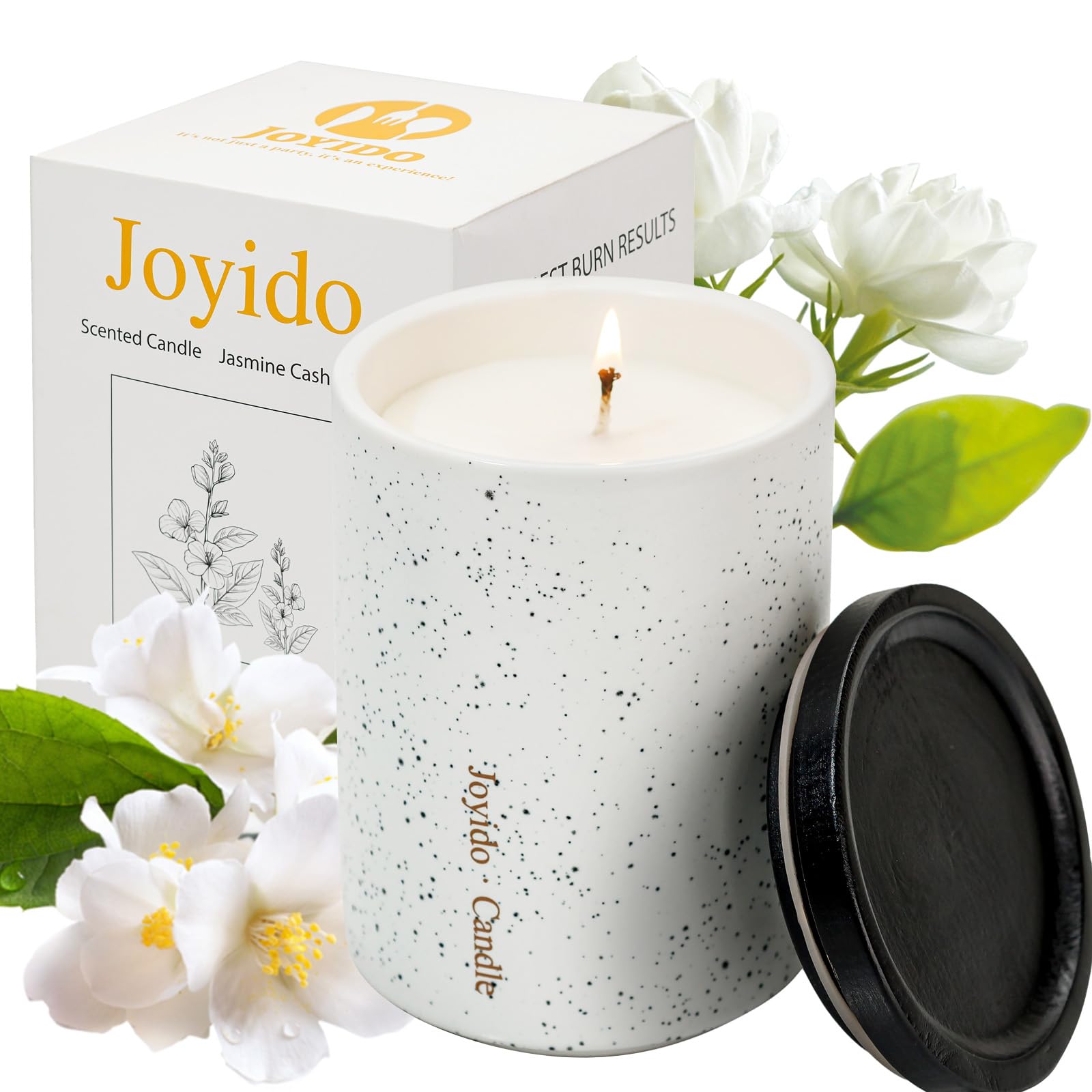 Joyido 14oz Jasmine Cashmere candle in a ceramic jar for calming ambiance.