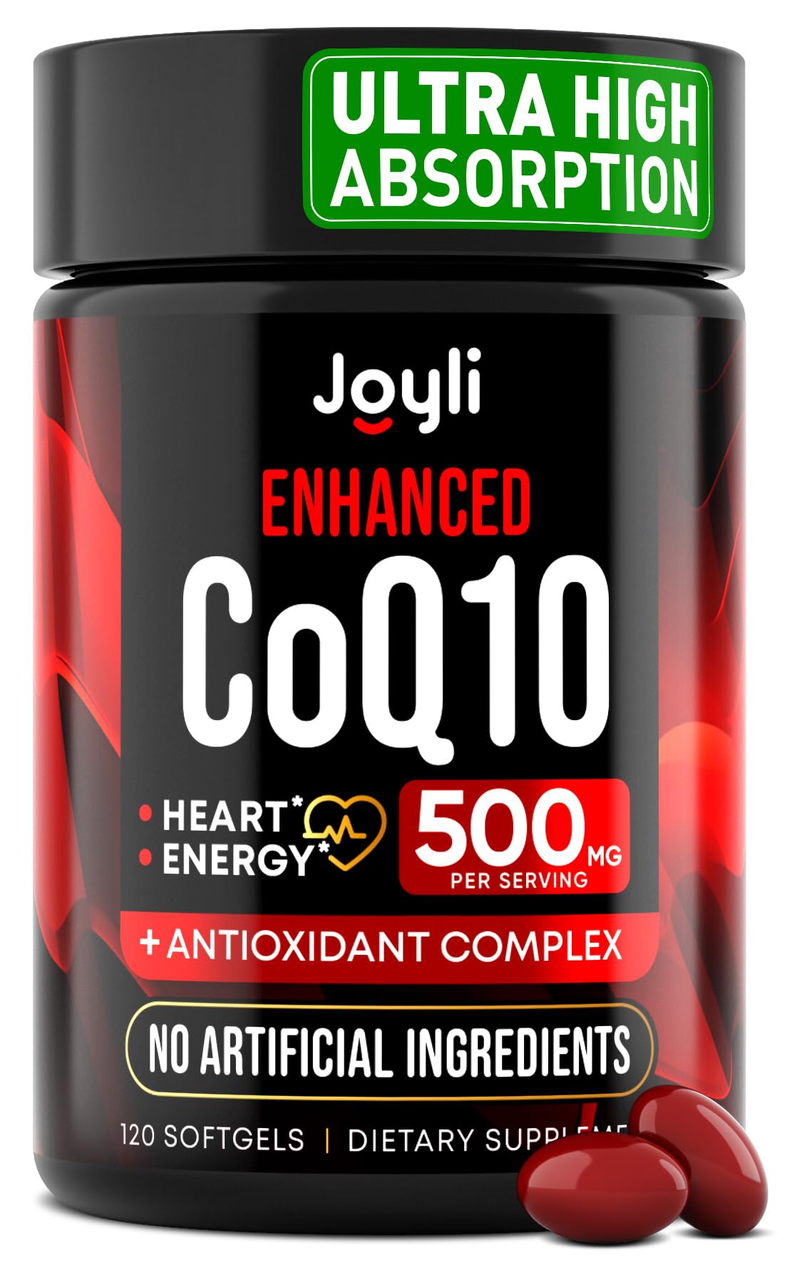Joyli Nutrition CoQ10 bottle pour shows enhanced absorption for daily vitality.