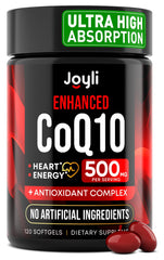 Joyli Nutrition CoQ10 bottle pour shows enhanced absorption for daily vitality.