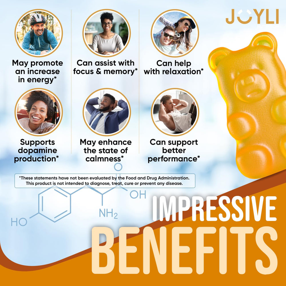 Joyli L Tyrosine Gummies bottle close-up highlighting vegan, gluten-free formula.