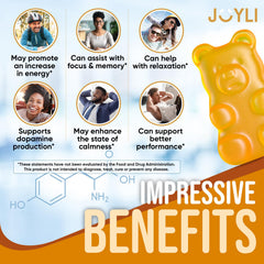 Joyli L Tyrosine Gummies bottle close-up highlighting vegan, gluten-free formula.