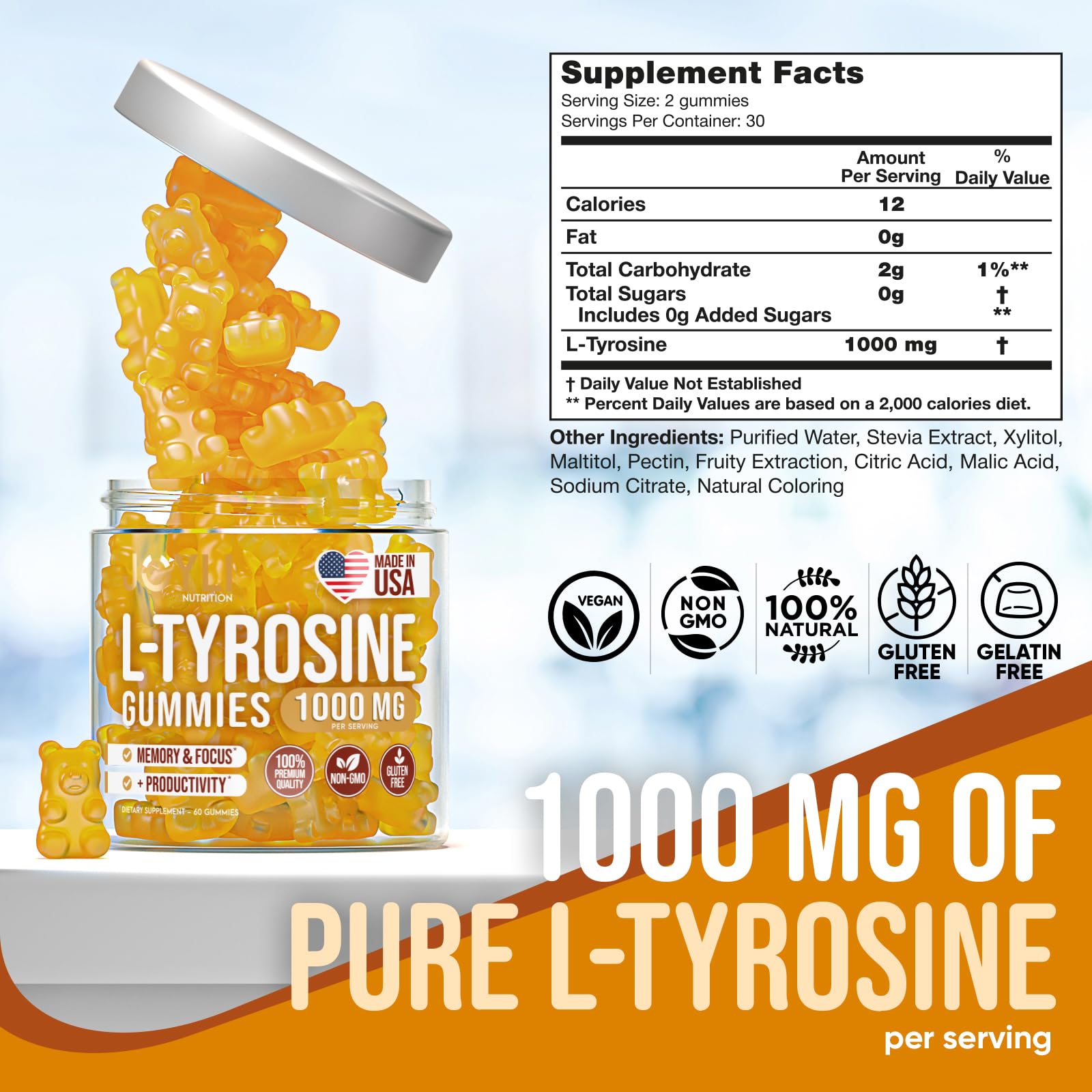 Joyli L Tyrosine Gummies soft-chewy texture close-up for easy consumption.