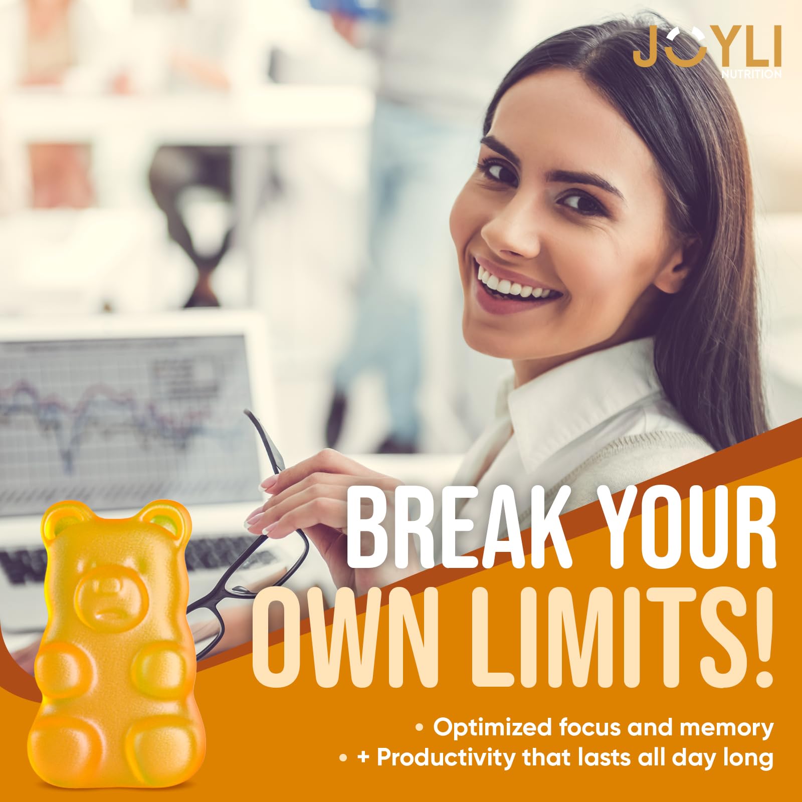 Joyli L Tyrosine Gummies zero-sugar label showcases diet-friendly benefits.