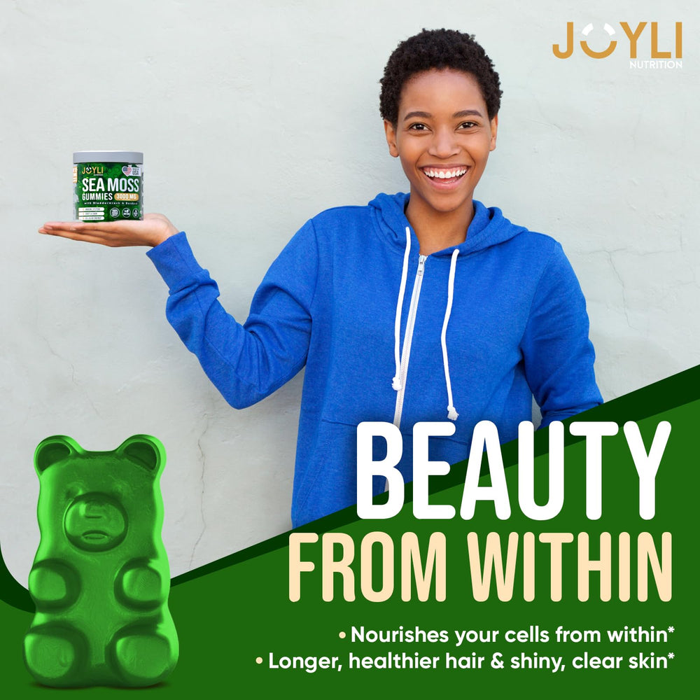 JOYLI Sea Moss Gummies ingredients label highlights bladderwrack and burdock root