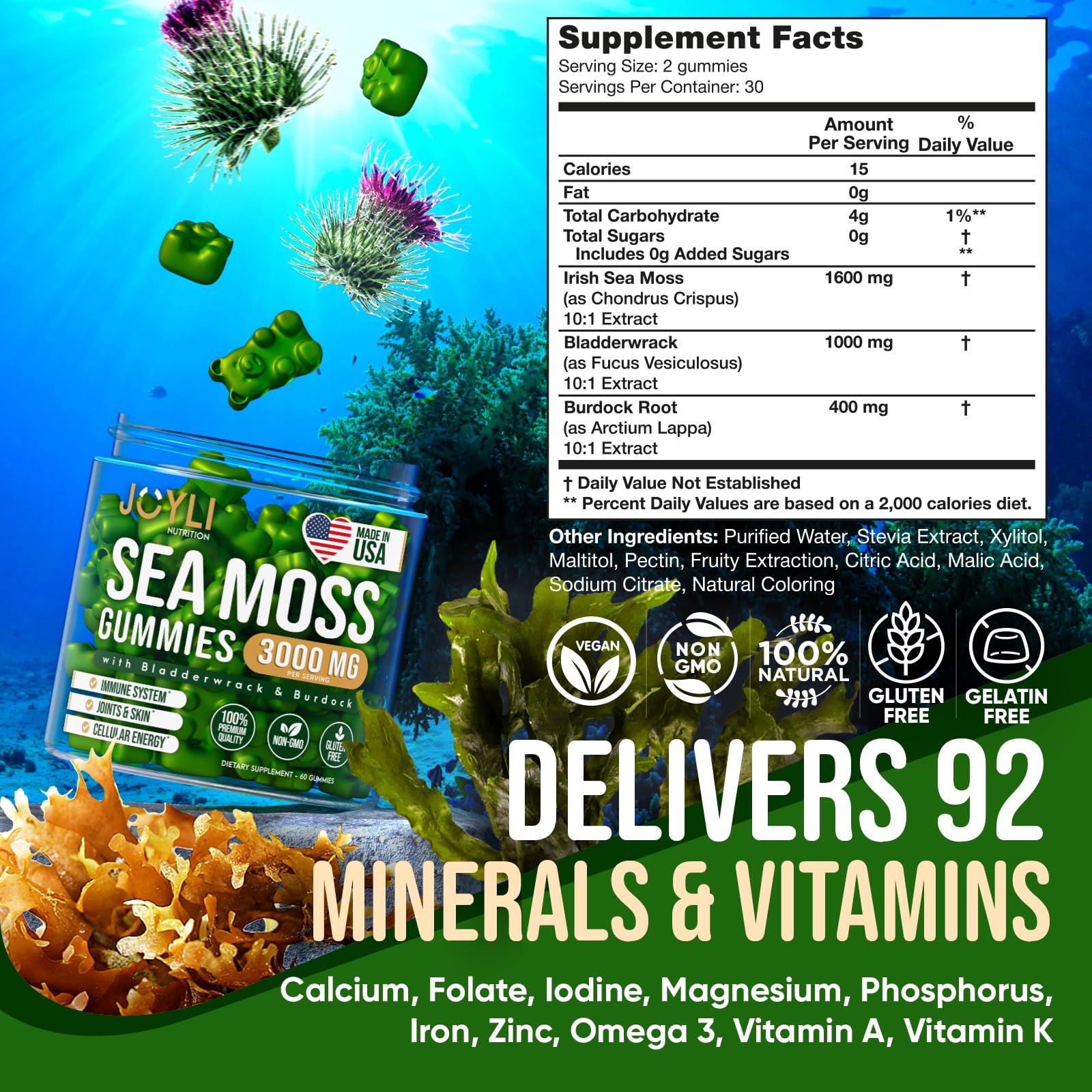 JOYLI packaging displays vegan Irish sea moss gummies for family-friendly daily use