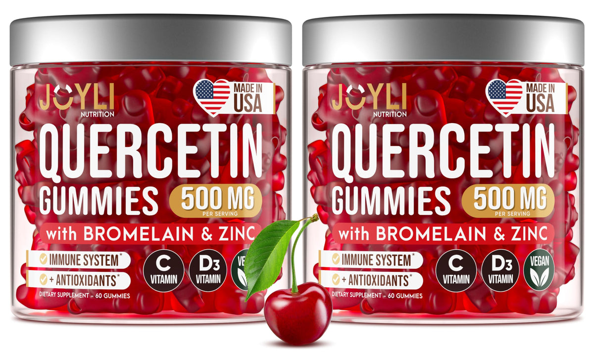 JOYLI Quercetin Gummies bottle with label highlights 500mg quercetin for daily immune support.