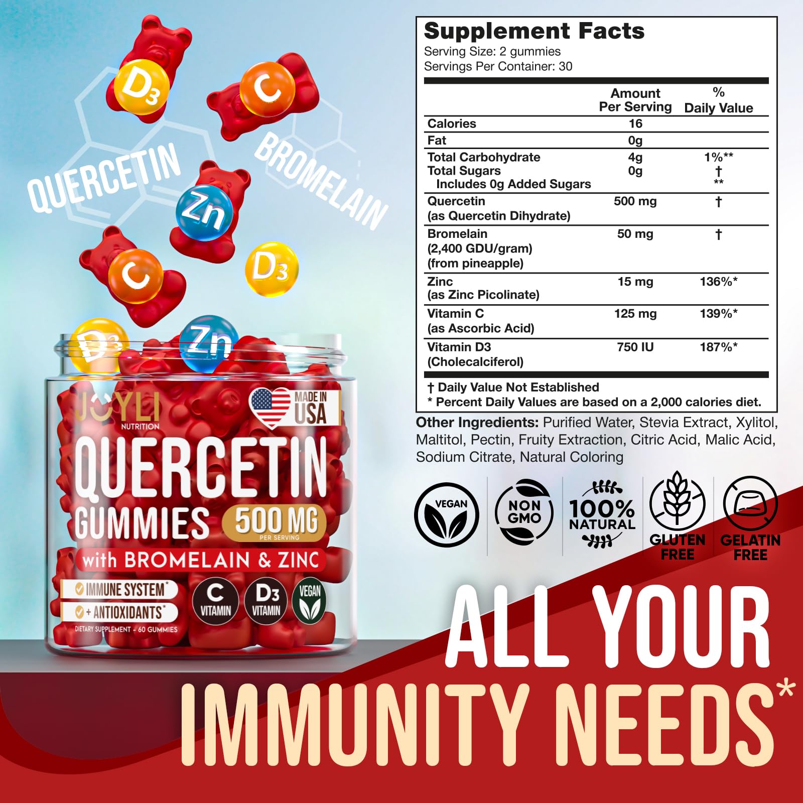 JOYLI Quercetin Gummies with bromelain close-up showing key ingredients for absorption.