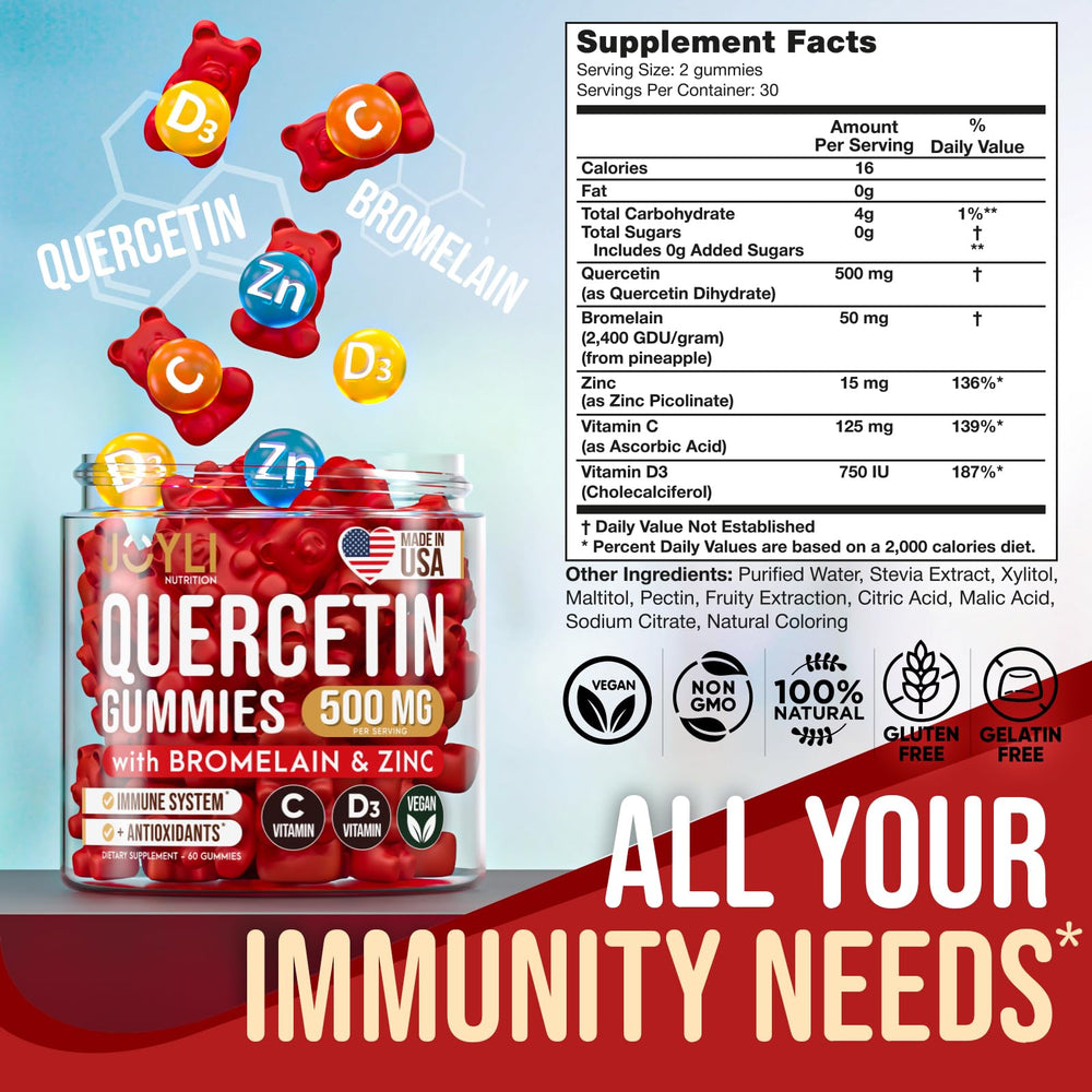 JOYLI Quercetin Gummies with bromelain close-up showing key ingredients for absorption.