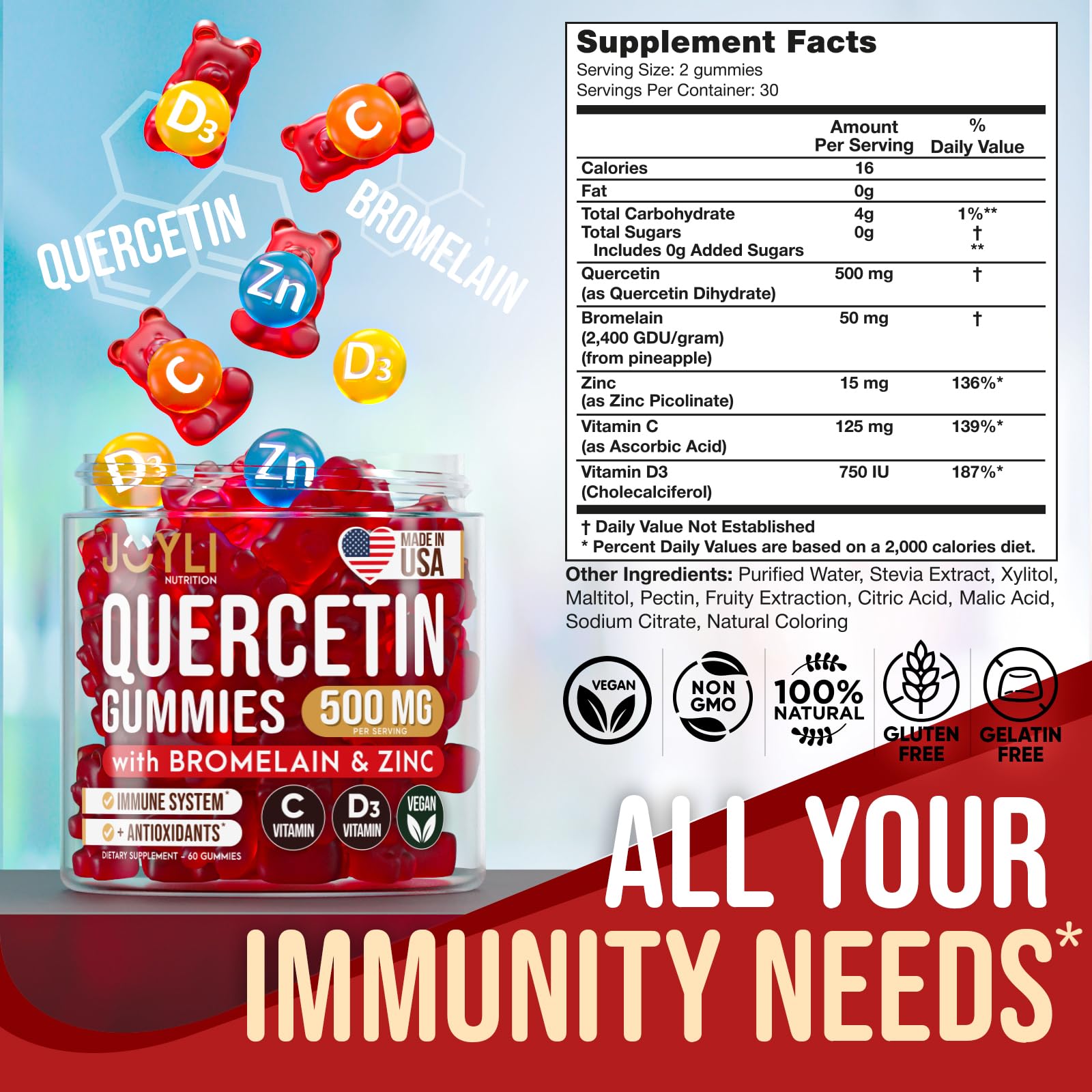 JOYLI Quercetin Gummies close-up of chewy texture and kid-friendly flavor.
