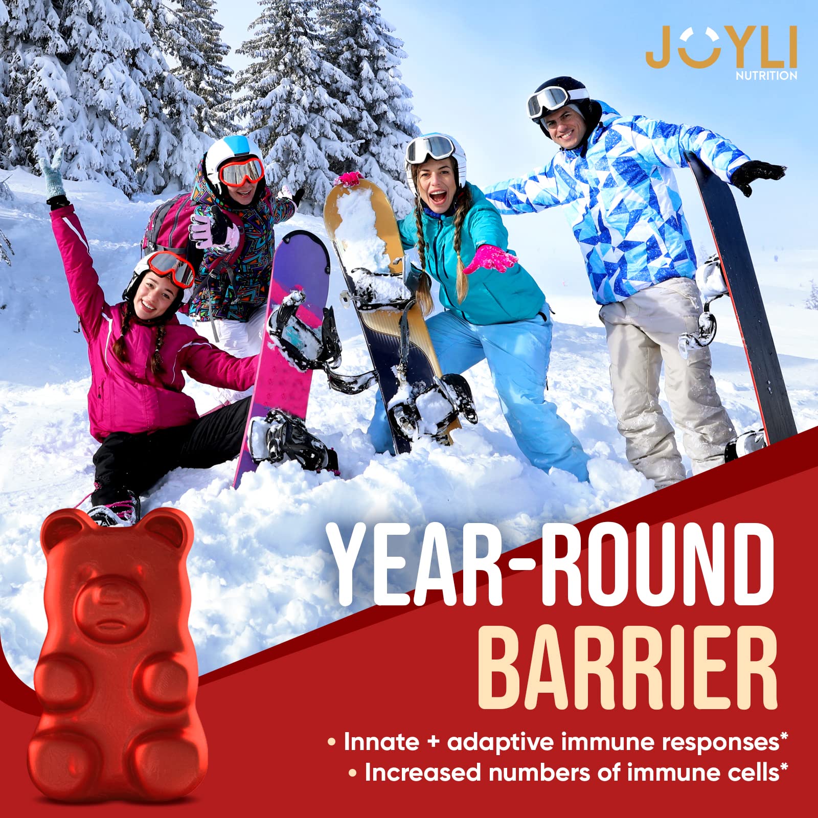 JOYLI Quercetin Gummies near zinc and vitamins label emphasizing immune vitamin blend.