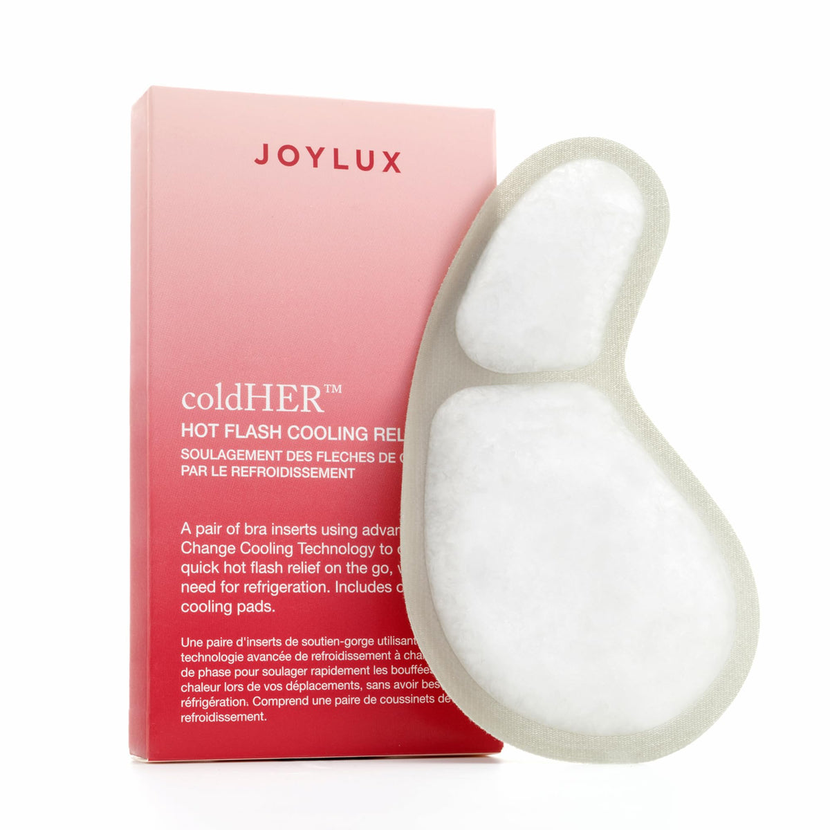 Joylux ColdHER cooling bra inserts cooling the chest for quick relief during hot moments.