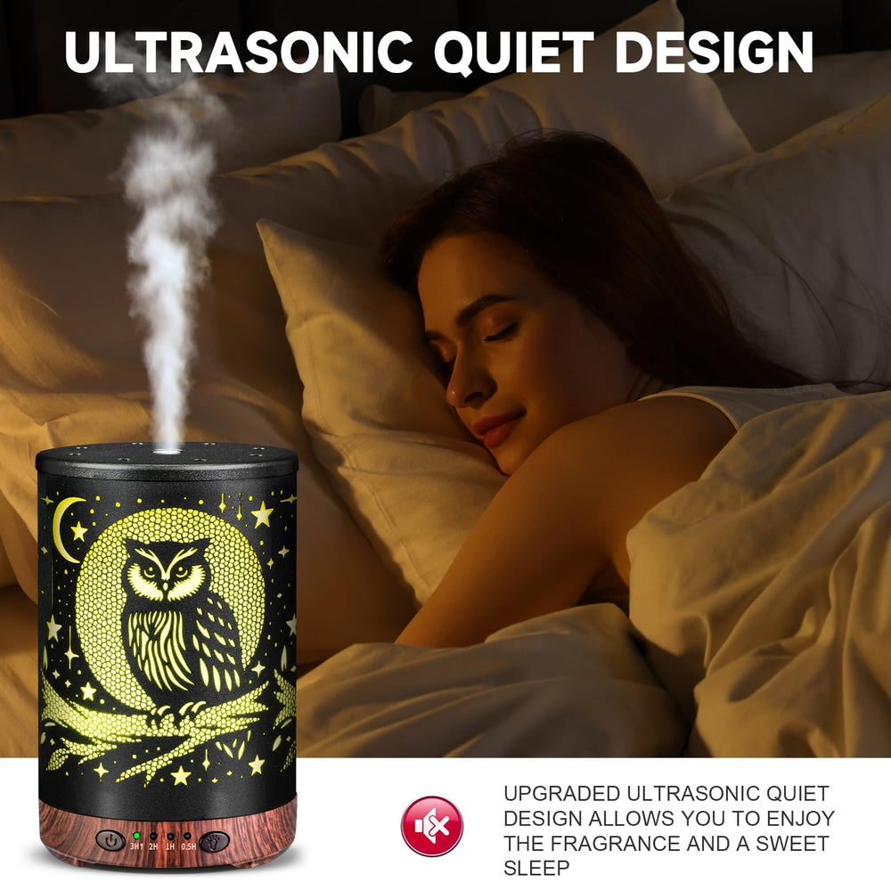JOYOLO diffuser with seven color LED lights creating customizable ambiance for the owl design.