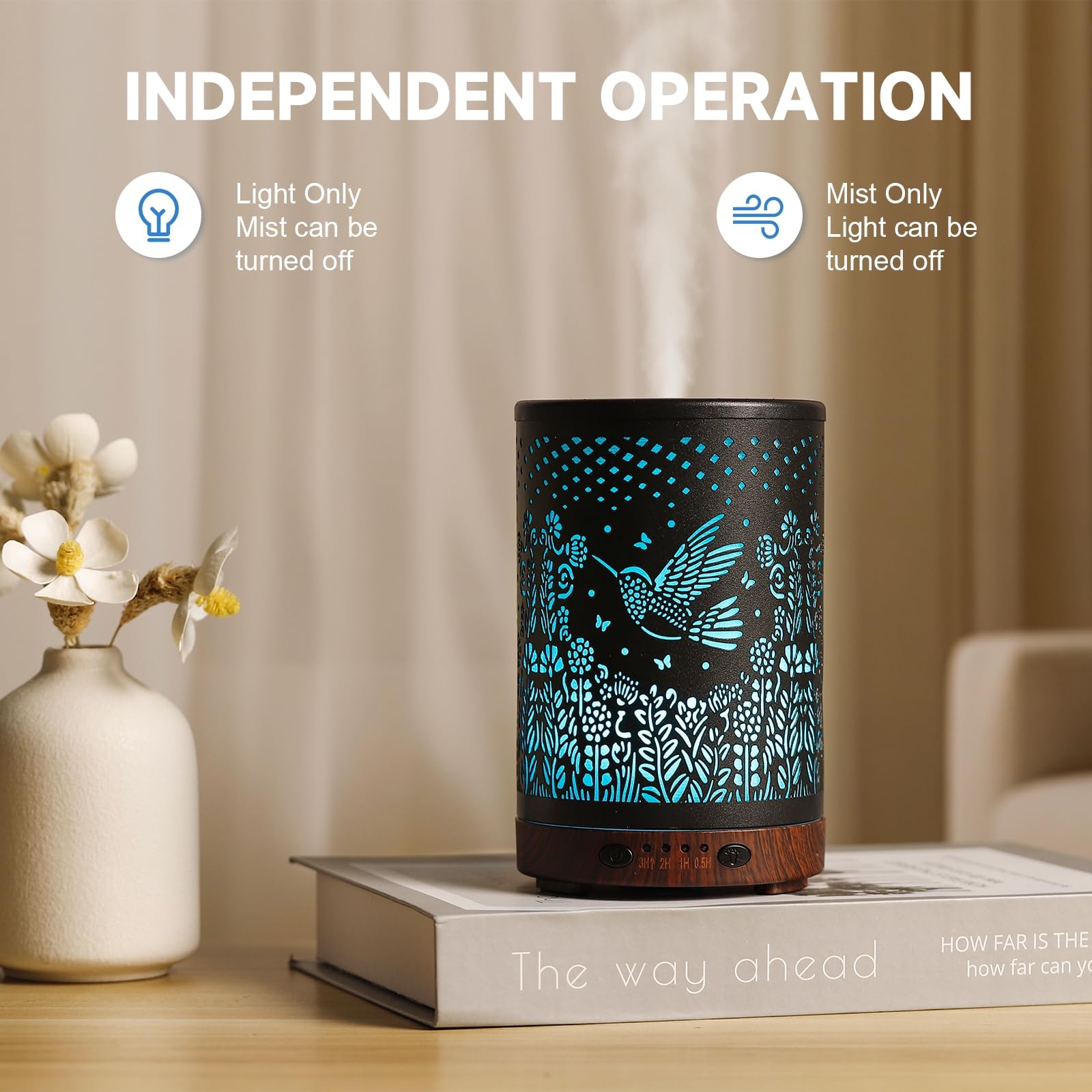 Joyolo diffuser in a bedroom with soft glow enhances rest and calm