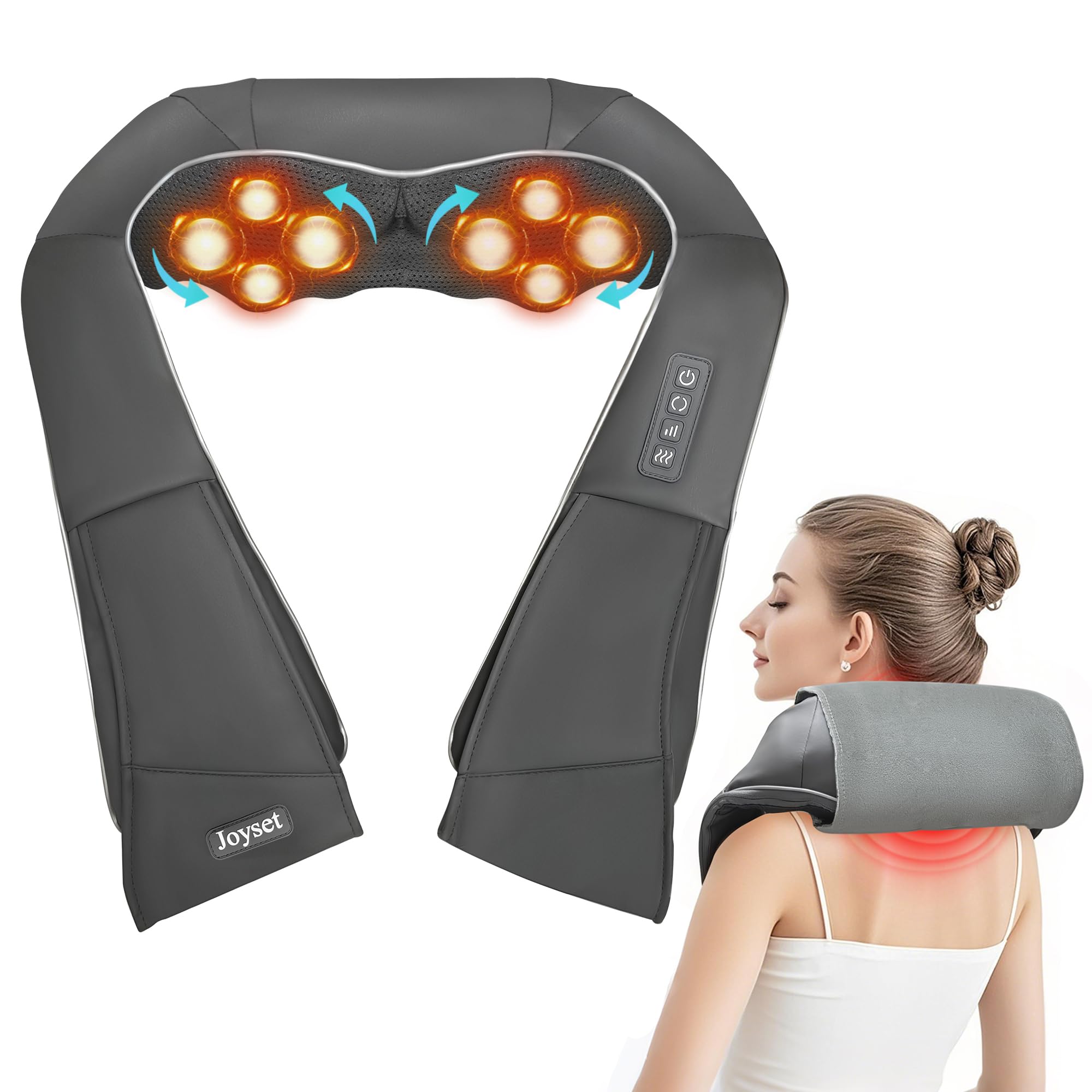 Joyset Shiatsu neck and back massager with heat provides deep tissue relief at home.