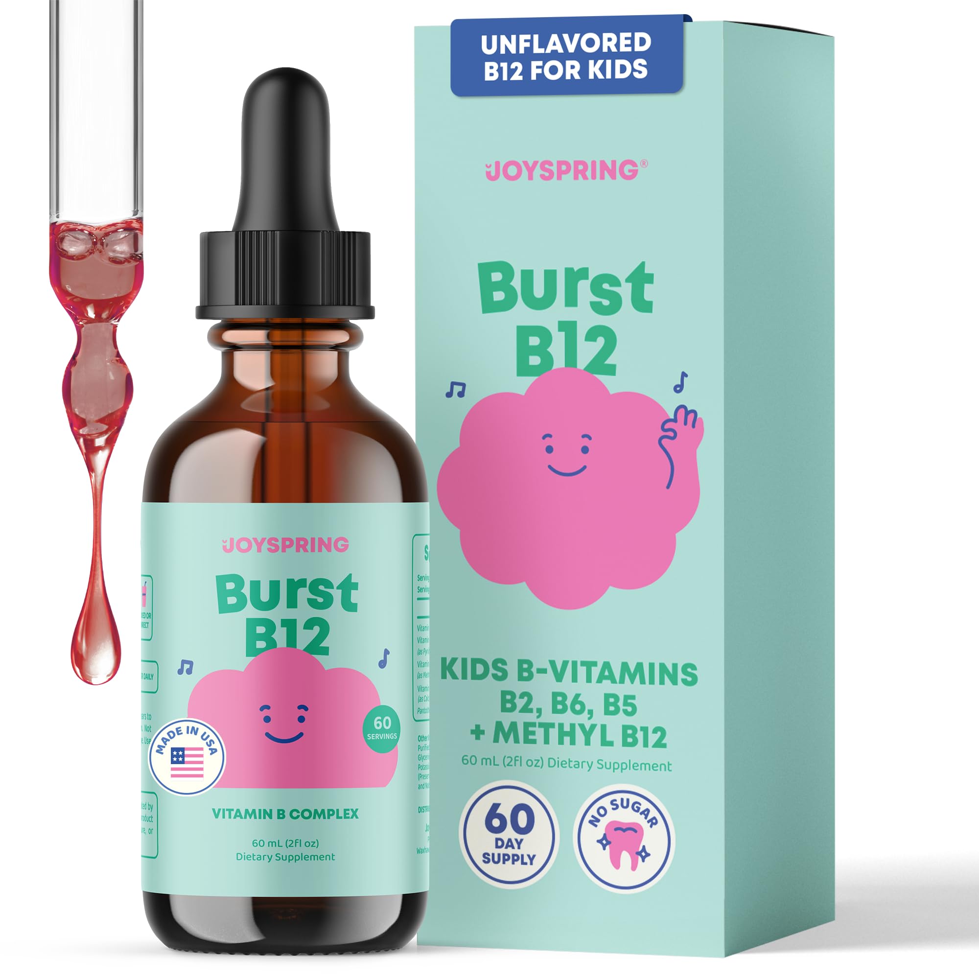 JoySpring Burst B12 Drops bottle with flavorless liquid ready to mix into drinks