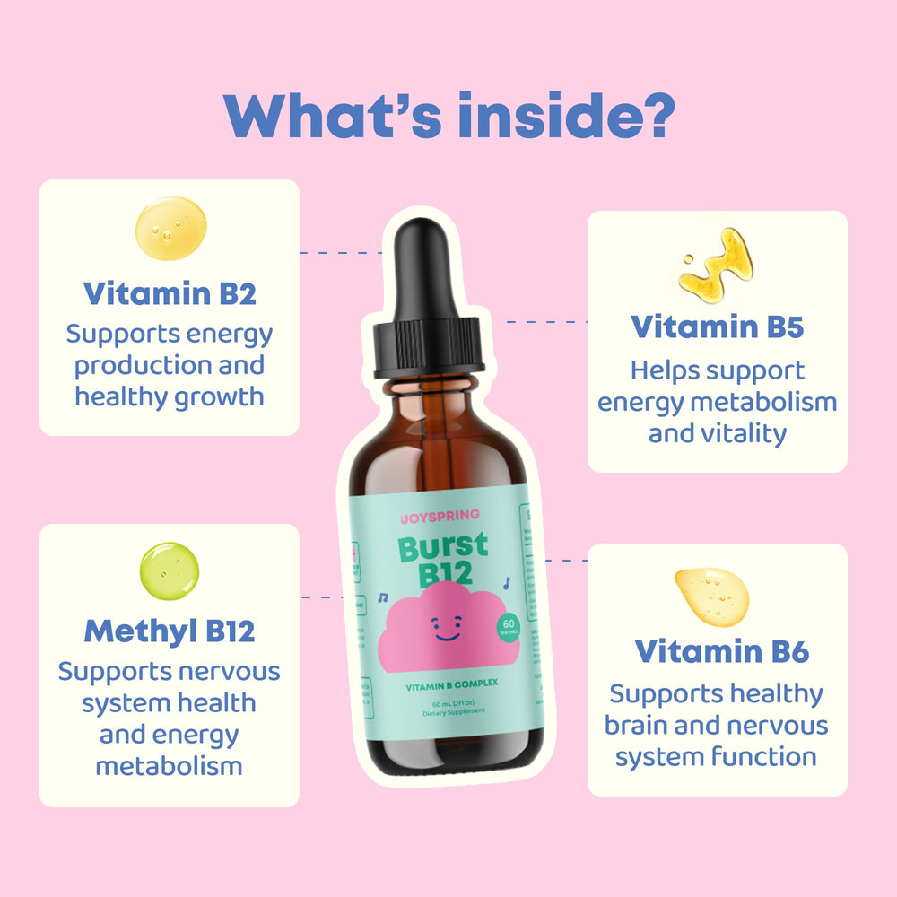 JoySpring Burst B12 Drops vegan formula label highlighting plant based nutrition