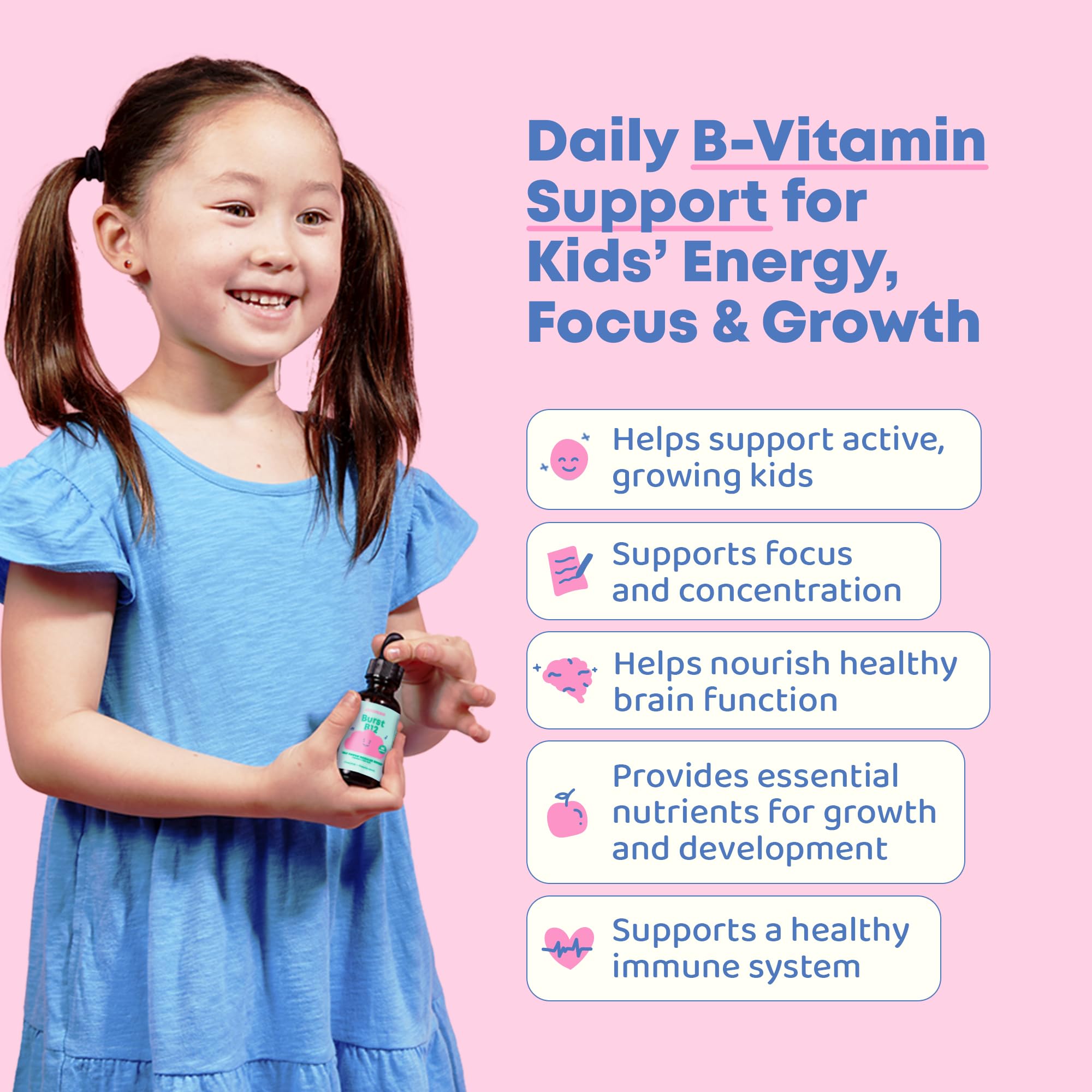 JoySpring Burst B12 Drops pour showing easy dropper use for kids