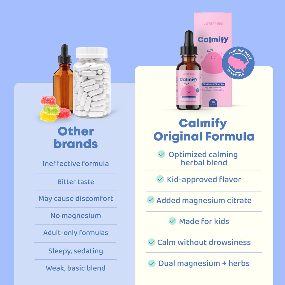 JoySpring Calmify bottle label highlighting magnesium citrate and vegan formula.