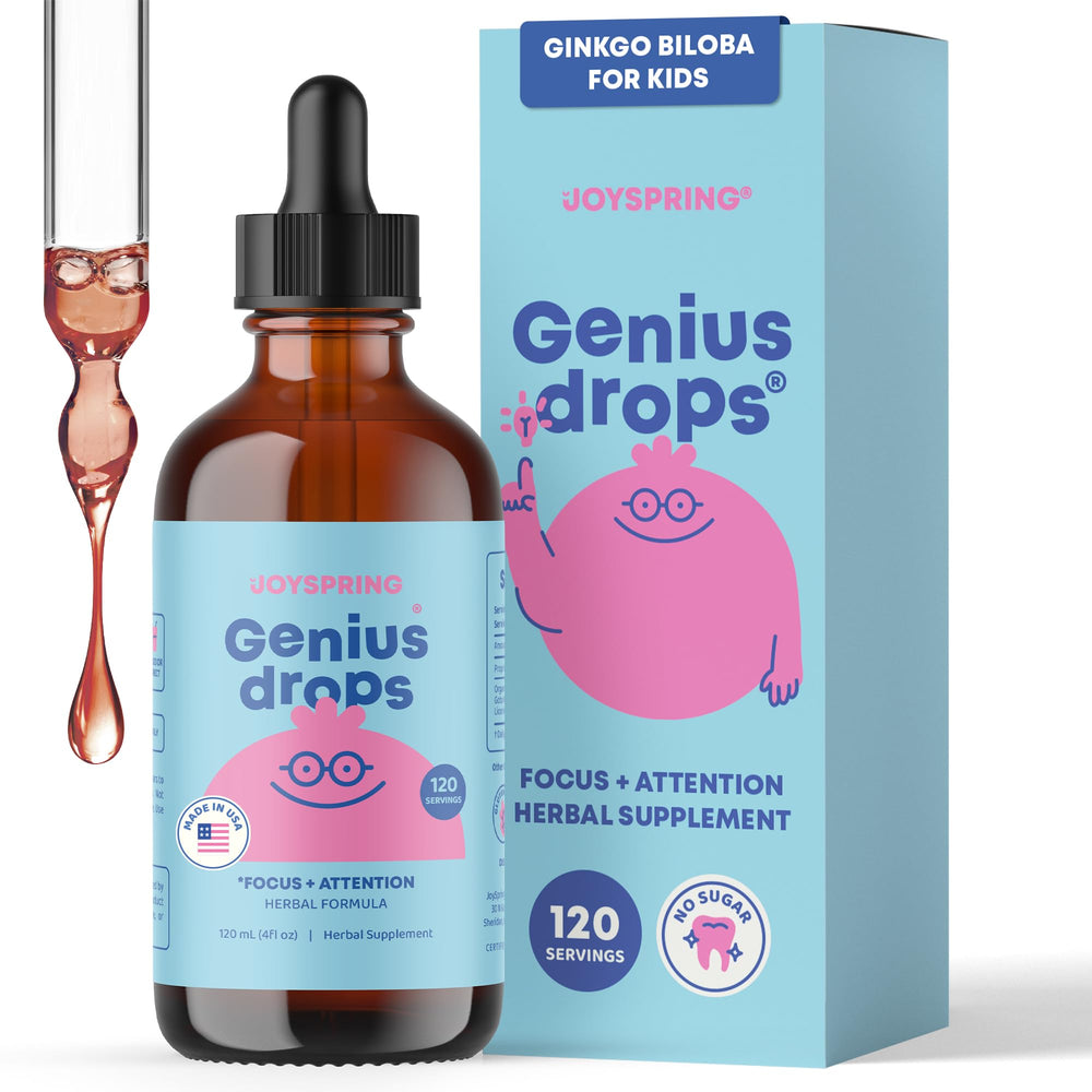 JoySpring Genius Drops bottle and pour support calm focus during school and homework.