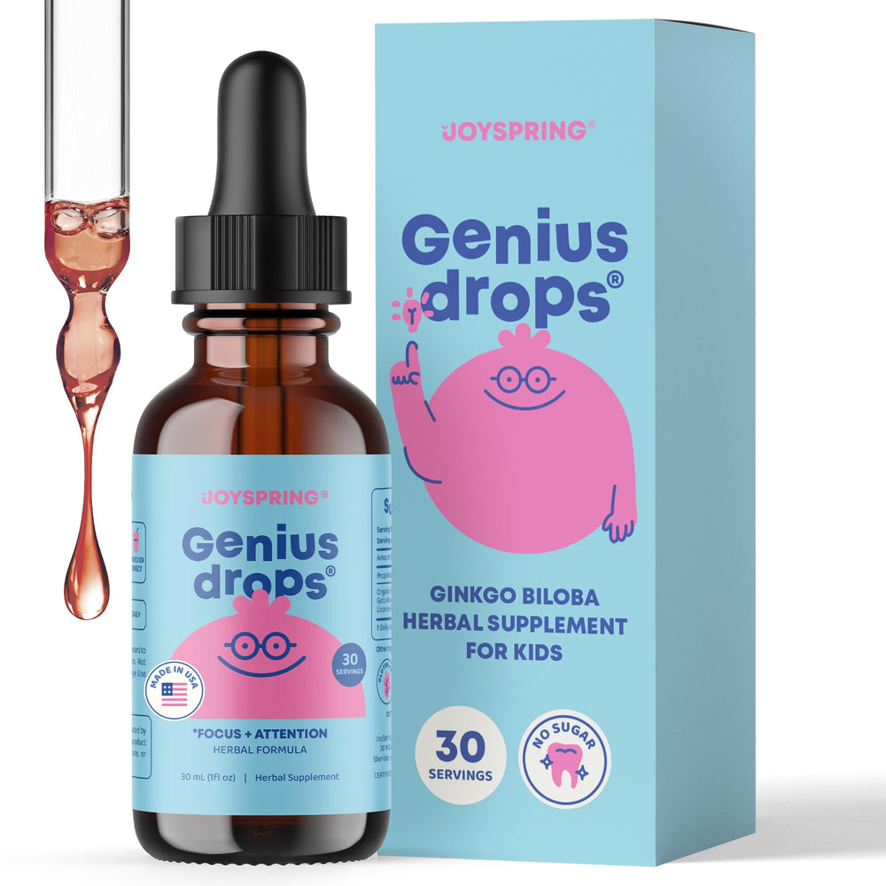 JoySpring Genius Drops for Kids bottle with dropper for easy dosing.
