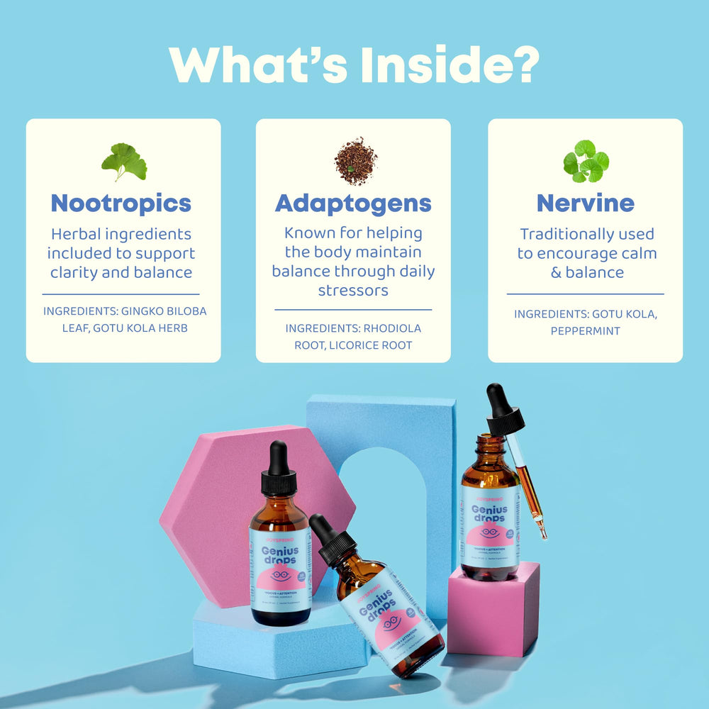JoySpring Genius Drops beside a glass of water for hydration.