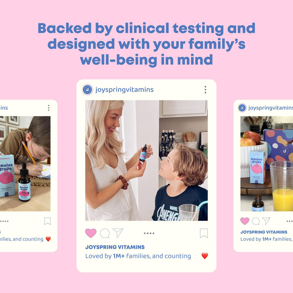 JoySpring Genius Drops being added to juice for kid-friendly intake.