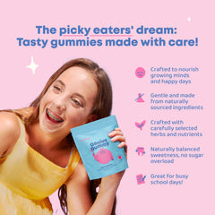 Close-up of JoySpring Genius Kids Focus Gummies texture emphasizes chewable, kid-friendly form.