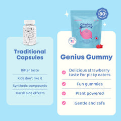 JoySpring Genius Kids Focus Gummies label highlights vegan and sugar-free ingredients.