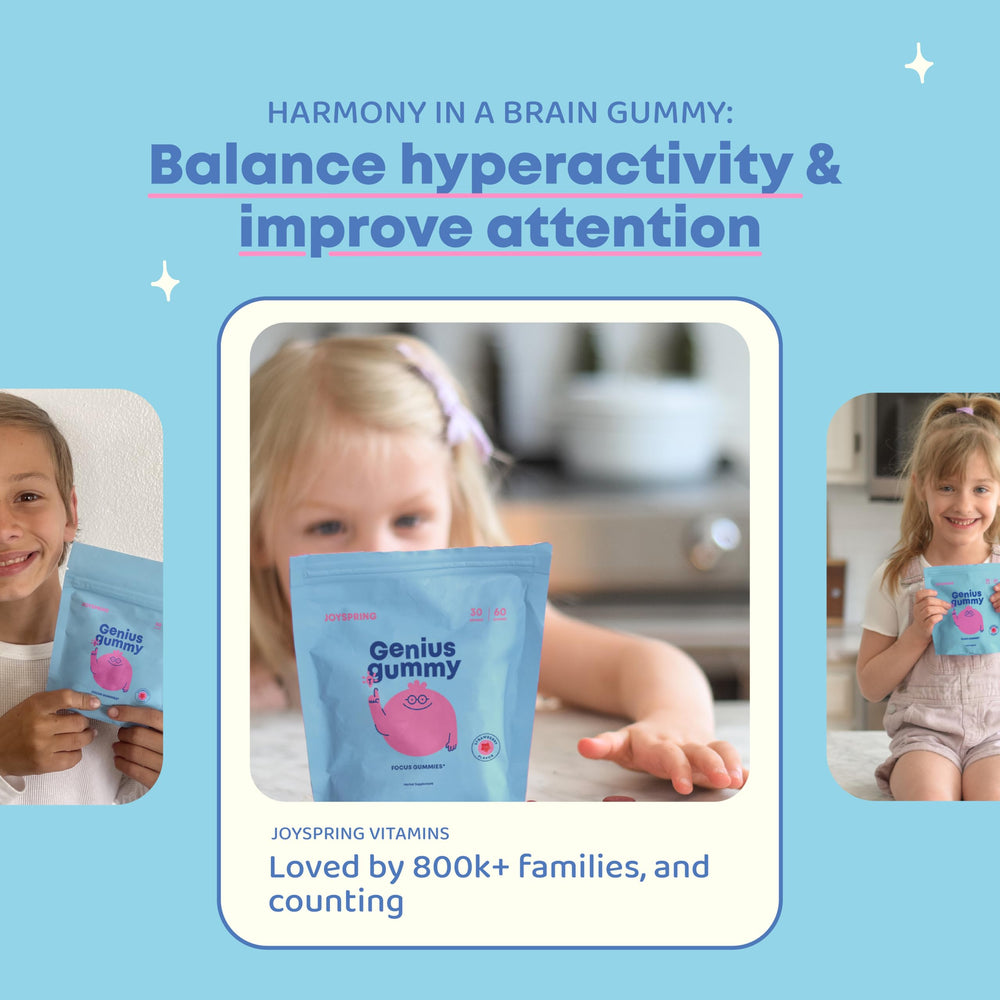 JoySpring Genius Kids Focus Gummies packaging shows standardized extracts for consistent dosing.