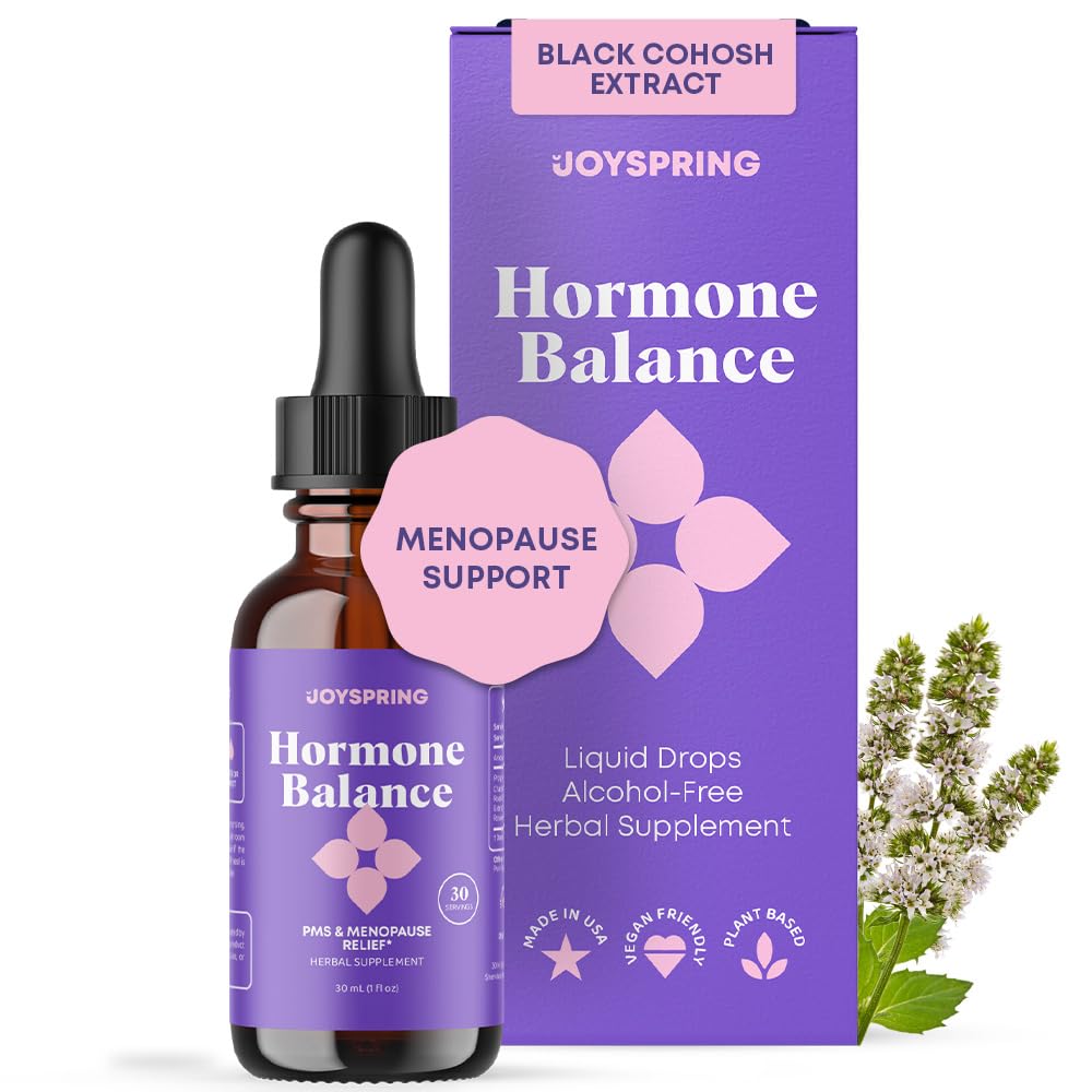 JoySpring Hormone Balance Drops bottle on kitchen counter for daily hormonal support.
