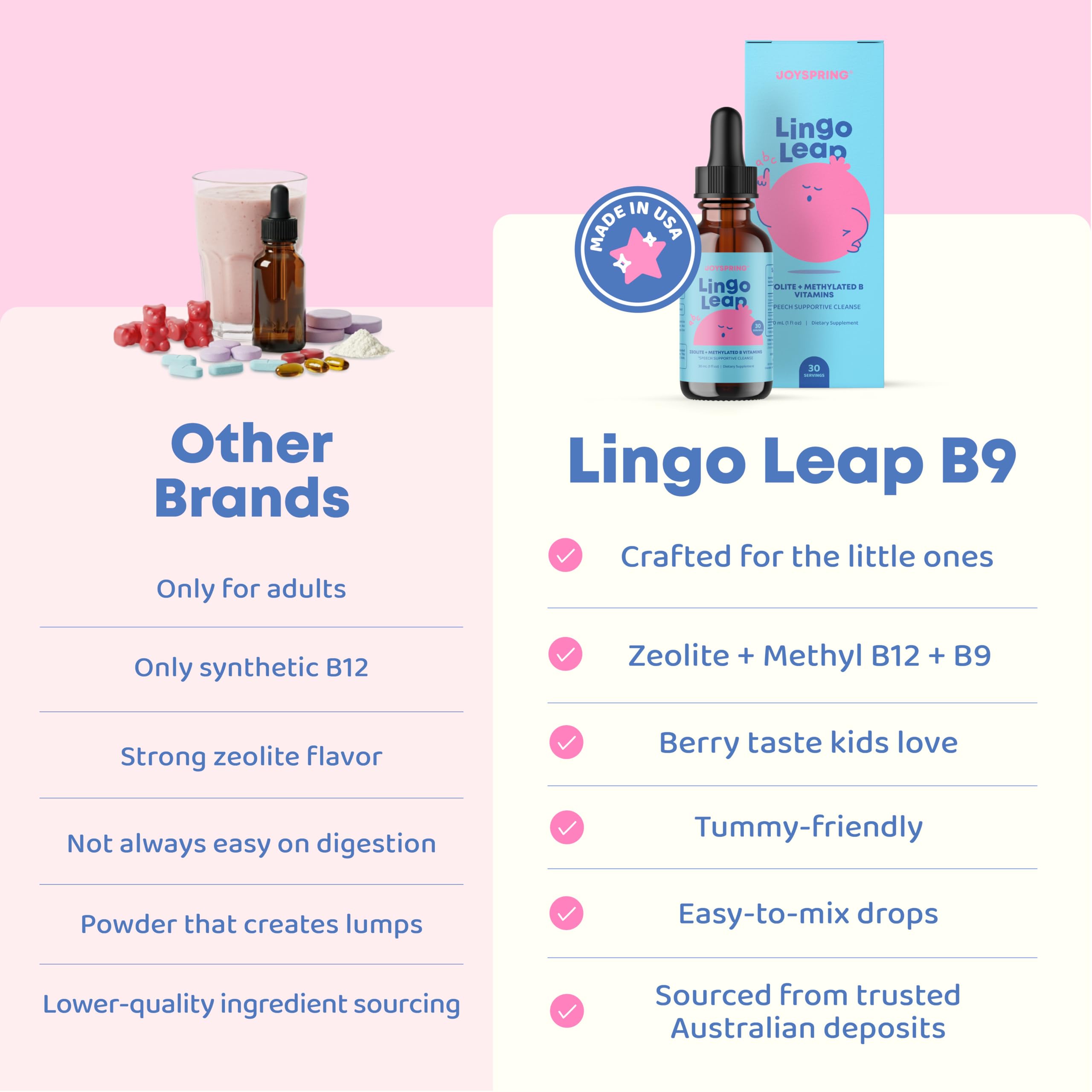 JoySpring LingoLeap B9 zeolite drops support gentle daily routines