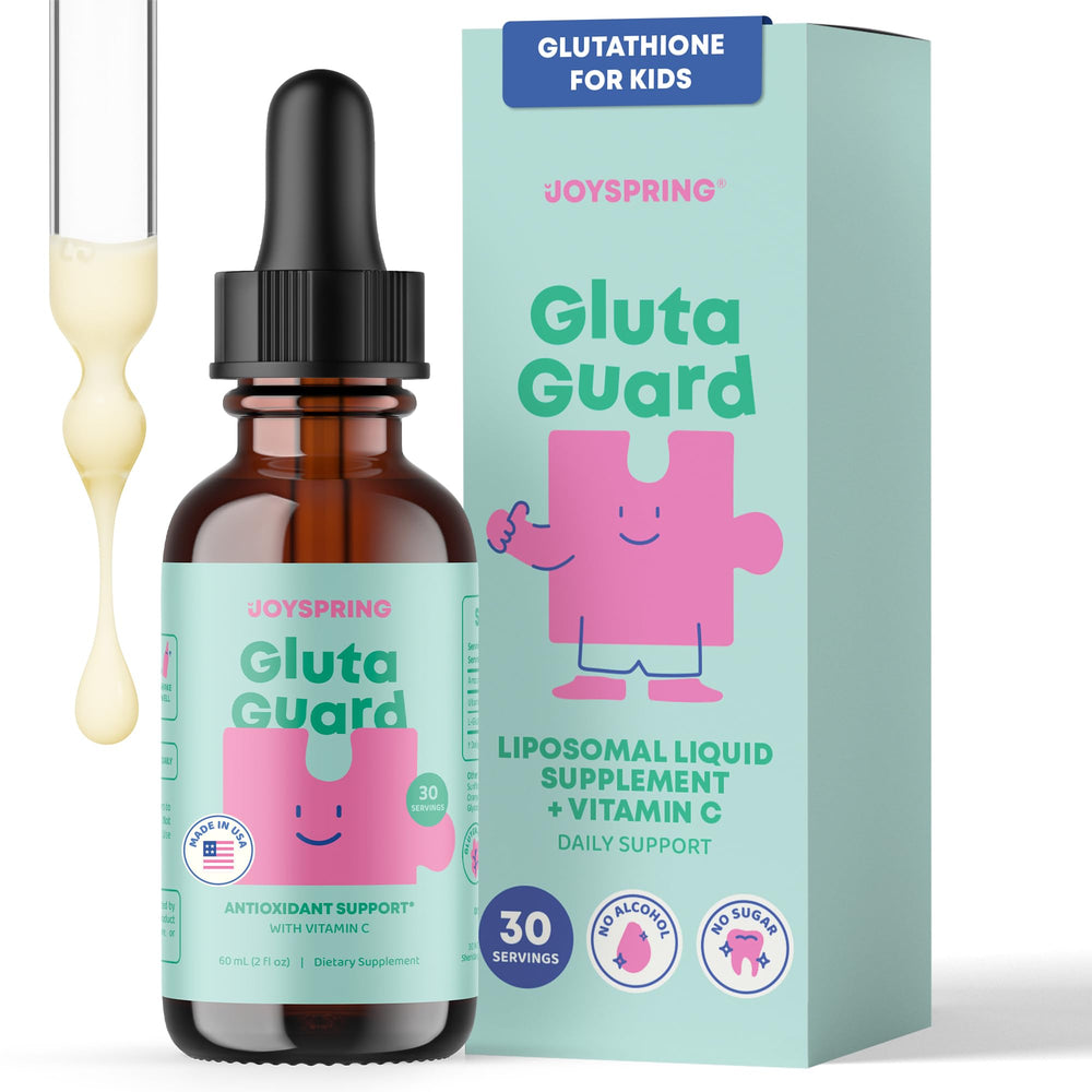 JoySpring liposomal glutathione for kids bottle pour supports natural detox and gentle daily wellness.