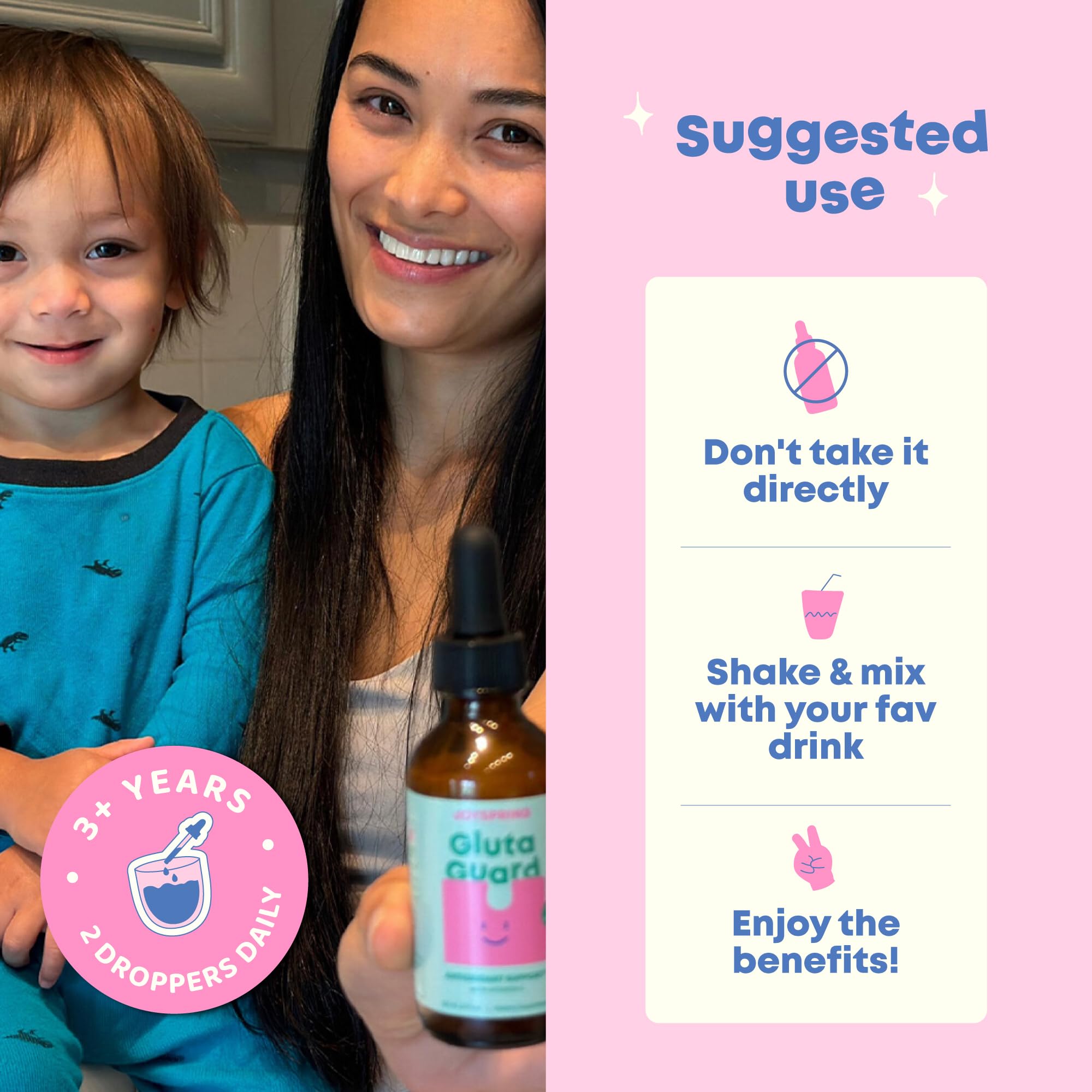 JoySpring glutathione kids gut-health concept shown with bottle for digestive support.