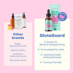 JoySpring liposomal glutathione kids liquid texture close-up highlights smooth administration.