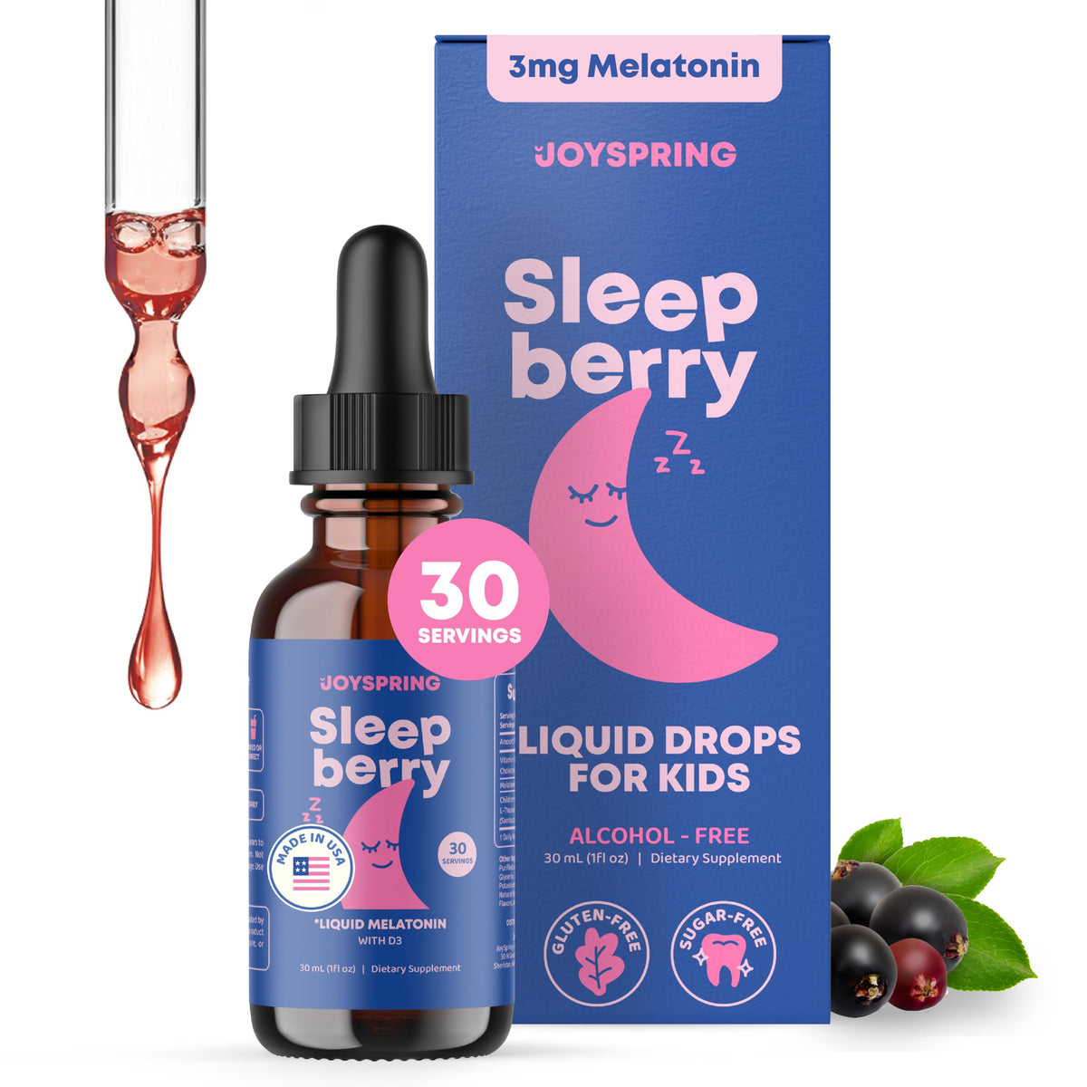 JoySpring SleepBerry bottle label highlights natural ingredients ideal for a kid-friendly bedtime.