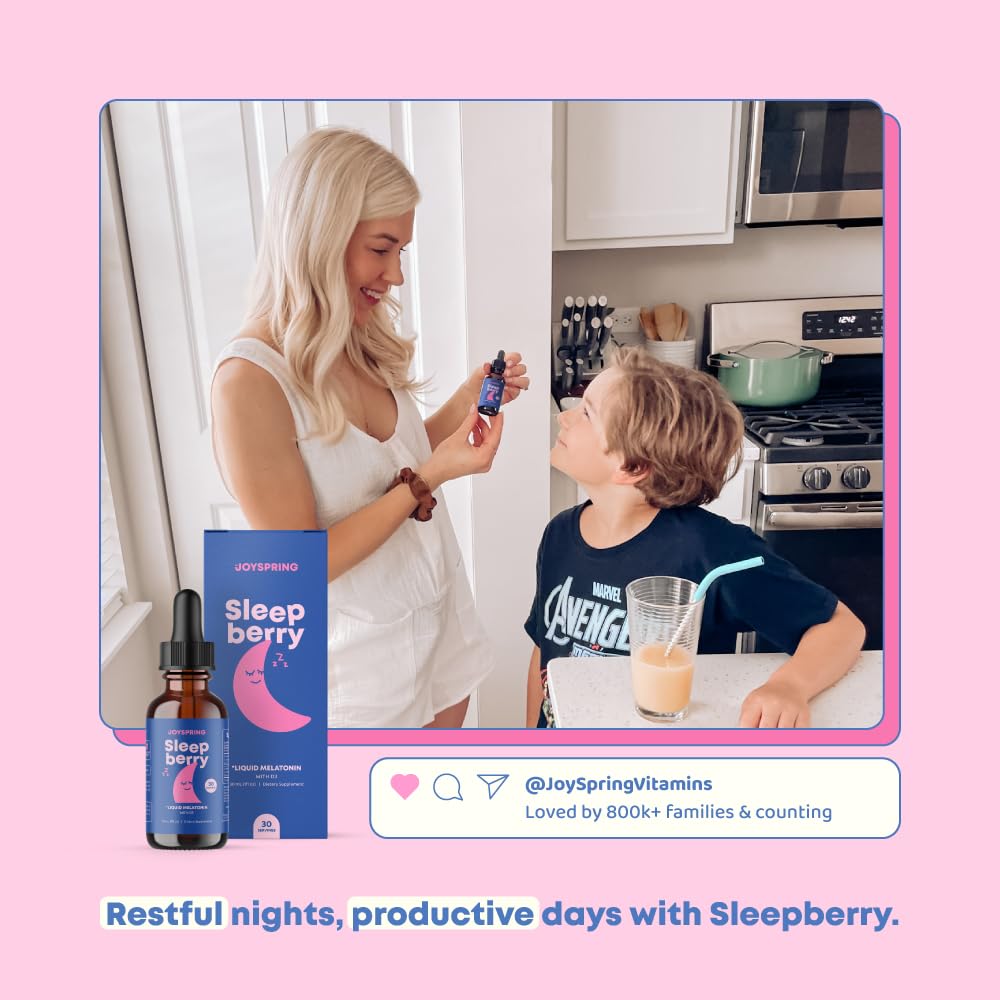 Dropper dispensing Sleepberry drops during a calm nightly routine.