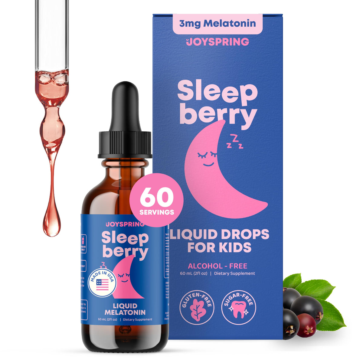 JoySpring Sleepberry bottle with dropper for easy bedtime dosing.