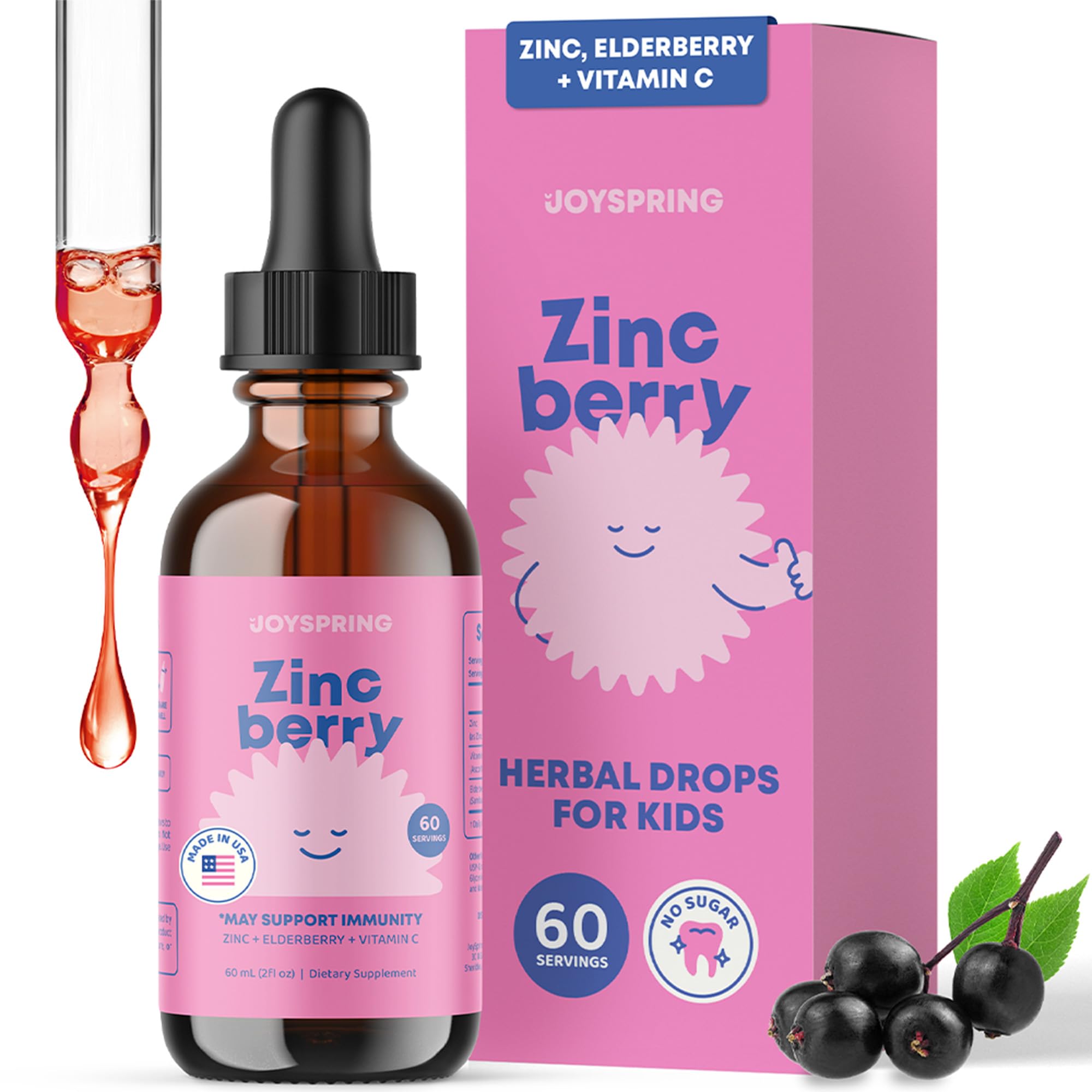 JoySpring ZincBerry bottle front shows kid-friendly elderberry flavor for daily immune support.