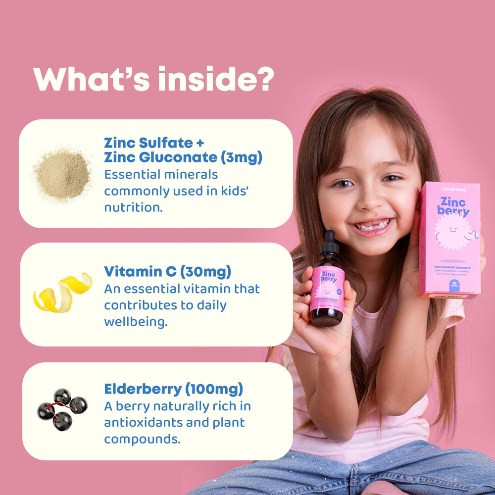 JoySpring ZincBerry ingredients panel highlights zinc, elderberry and vitamin C.