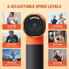 JOYSUWERUN massage gun showing 6 speed settings for customized relief
