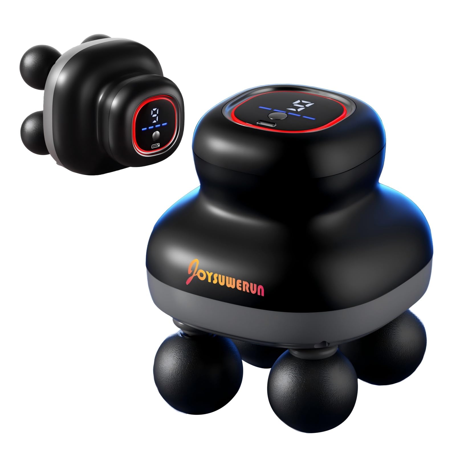 JOYSUWERUN massage gun with four heads delivering targeted relief for major muscle groups.