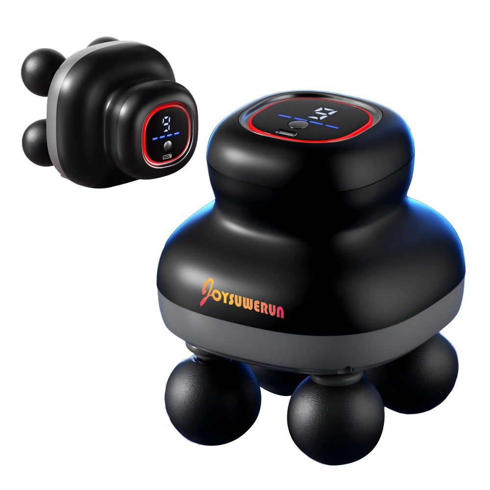 JOYSUWERUN massage gun with four heads delivering targeted relief for major muscle groups.