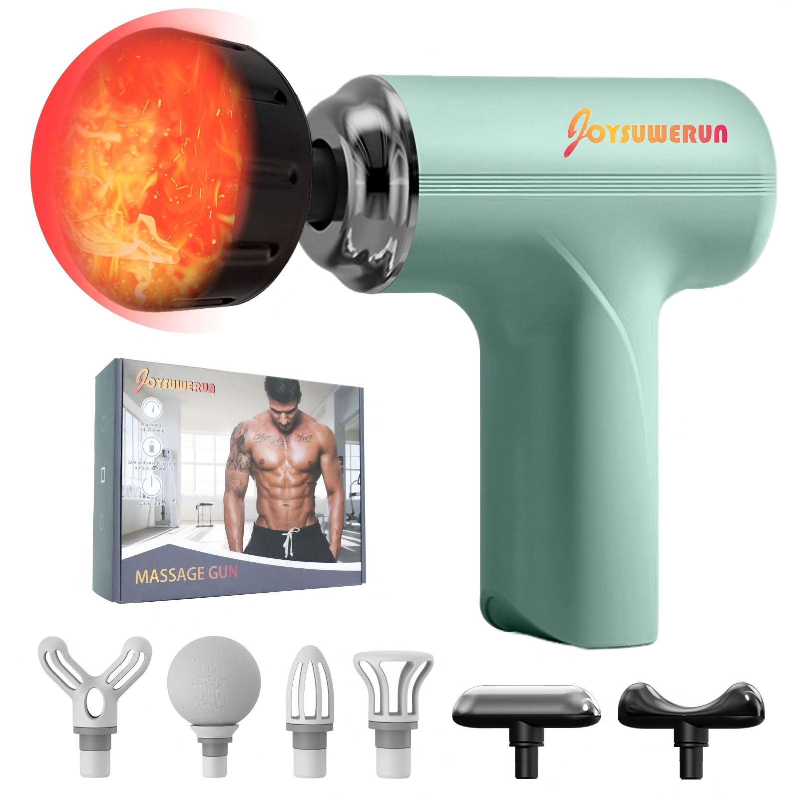JOYSUWERUN massage gun with heat front view highlights compact power for home use.