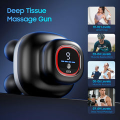 JOYSUWERUN massage gun showing nine intensity levels for customizable sessions.
